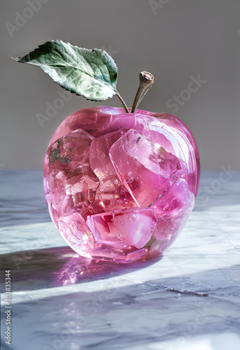 Red apple frozen in ice cube with green leaf on white marble table