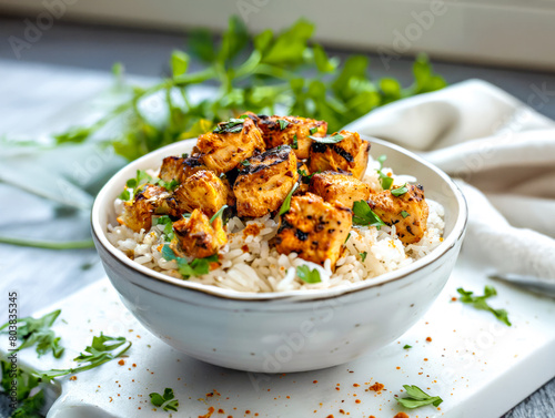 rice with chicken, chickpeas and chicken breast, served with herbs, healthy meal