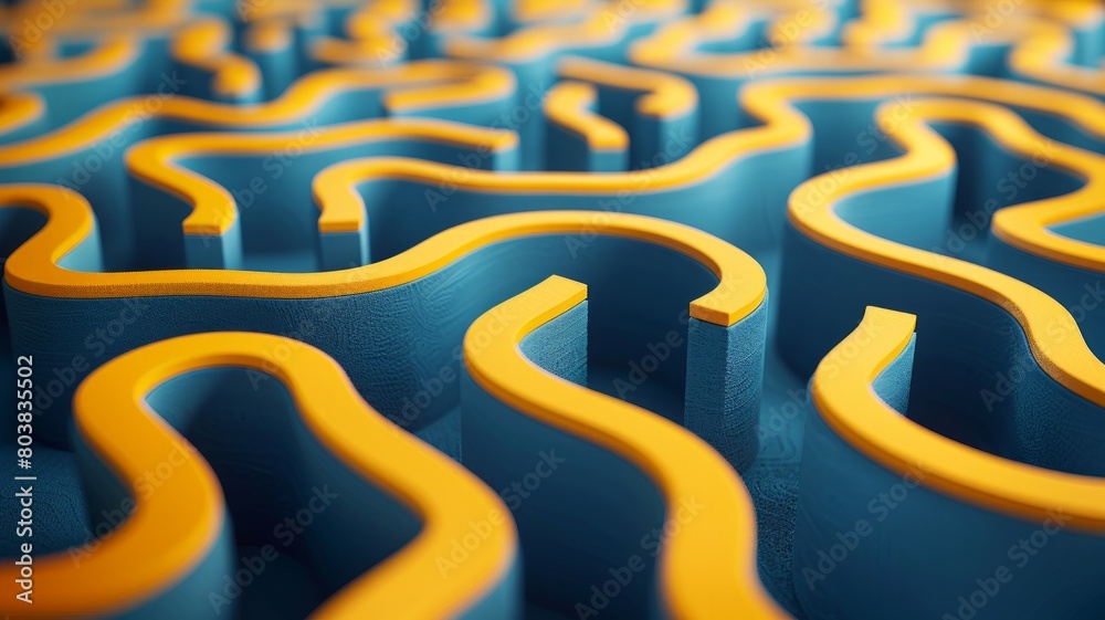 Obraz premium 3D rendering of a maze made from folded paper, set against a bright colorful yellow background, abstract design, widescreen, striking visual depth, AI Generative