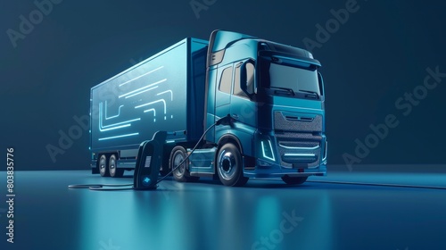 A blue electric truck stands connected to a futuristic charger, AI Generative