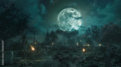A full moon illuminating a graveyard filled with crawling zombies and flickering torches photo