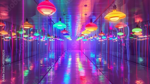 Neon-lit 3D image of a mirrored room adorned with colorful hanging lamps.