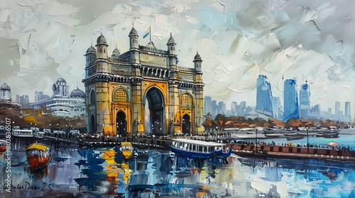 Captivating and vibrant oil paintings depicting the unique charm of Mumbai's cityscape. The artworks emphasize iconic landmarks such as the Gateway of India, Marine Drive, and other famous buildings. photo
