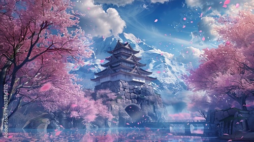 A realistic outdoor photo capturing the beautiful landscape of a Japanese castle surrounded by blooming sakura trees  bathed in sunshine.  