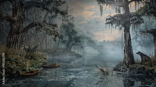 An artistic street art image depicting the Louisiana swamp lands. The scene includes cypress trees, alligators, a pier boat, and incorporates a 3D element. photo
