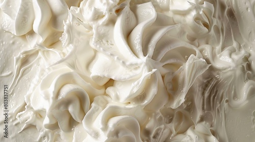 A close-up photograph showcasing the texture of Chantilly cream, captured in a photo-realistic style using studio overhead lighting. This image is intended for food photography.