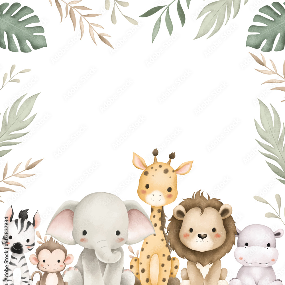 Obraz premium Watercolor Illustration Safari Animals and Tropical Leaves Border