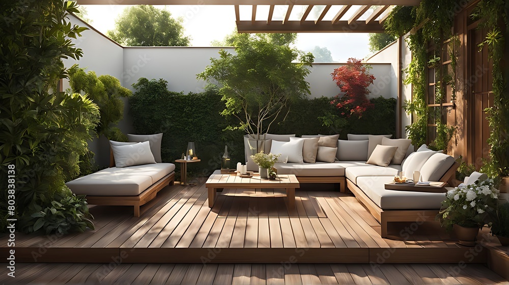  Beautiful of modern terrace with wood deck flooring and fence, green potted flowers plants and outdoors furniture. Cozy relaxing area at home. Sunny stylish balcony terrace in the city 