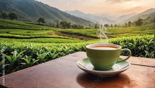 Tea cup with green tea leaf on the wooden table and the tea plantation background.