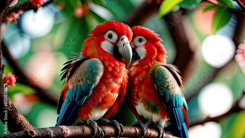 Couple of romantic red macaw parrots on branch. Generative AI photo