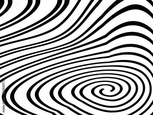 Abstract hypnotic wave pattern with black-and-white striped lines. Psychedelic background. Op art  optical illusion. Modern design  graphic texture.