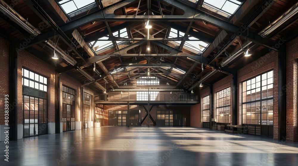 The expansive interior of an industrial loft-style warehouse, rendered in hyper-realistic detail The focus is on the harmonious blend of old and new, with weathered brick walls, AI Generative