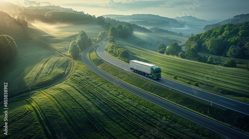 Open road truck travel, green fields backdrop, freedom of logistics, dynamic, beautiful, drone view, digital art, AI Generative