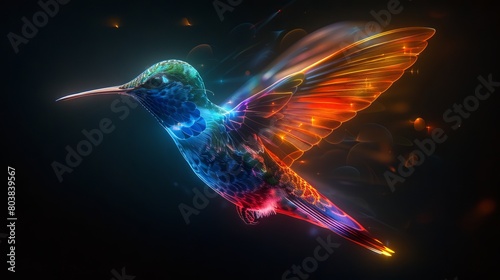 A beautiful hummingbird with glowing multicolored feathers is flying in the night sky. © Sippung