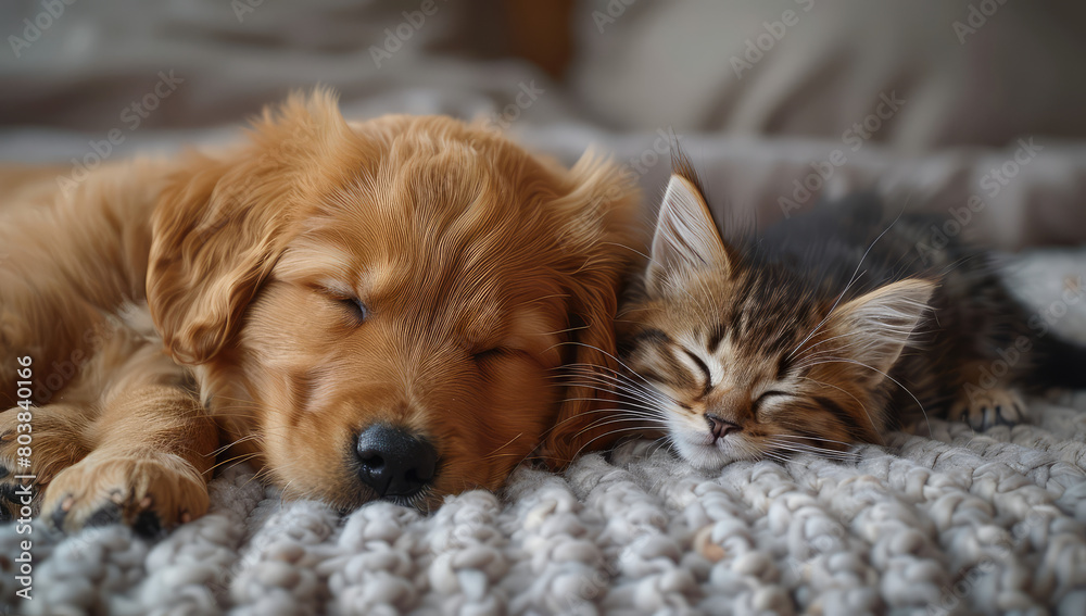 Cute golden retriever puppy and kitten sleeping together on the sofa. Created with AI