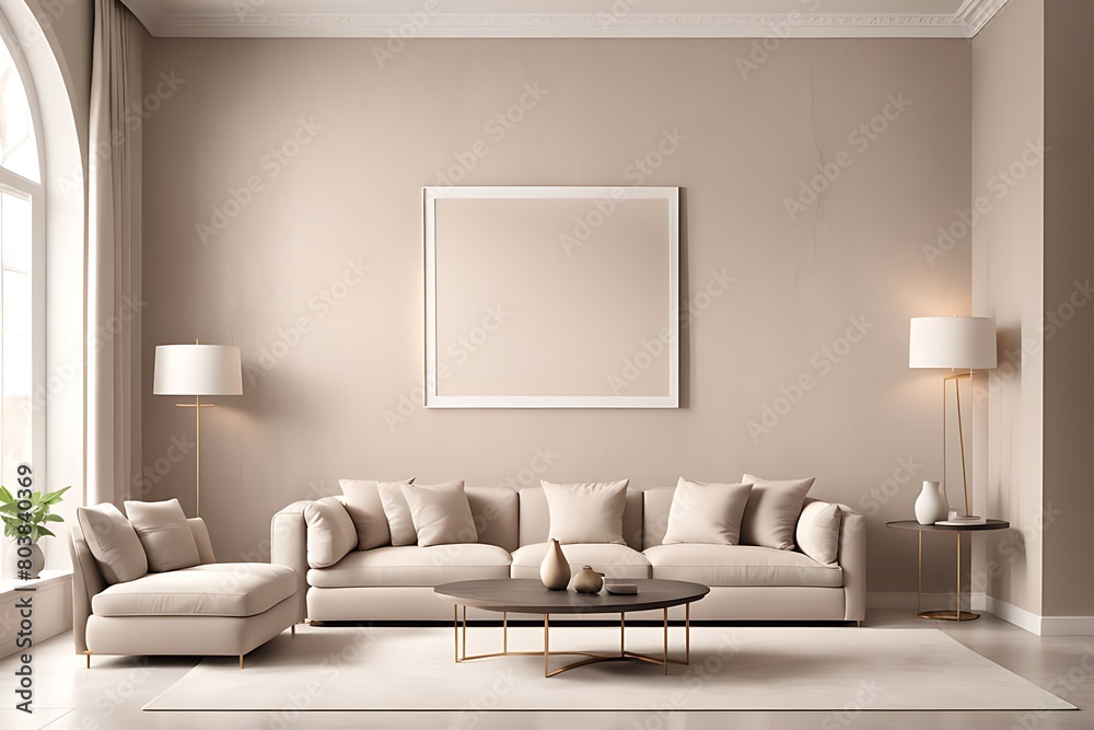 Light beige living room - modern interior hall and furniture design. Mockup for art - ivory taupe empty texture plaster microcement wall. Luxury premium nude accent lounge reception. 3d render Light beige living room - modern interior hall and furniture design. Mockup for art - ivory taupe empty texture plaster microcement wall. Luxury premium nude accent lounge reception. 3d render