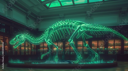 The dinosaur skeleton is made of green neon light stands in the middle of a large room. © Sippung