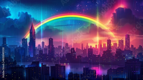 A neon rainbow arching over a stylized and dark city against the night sky