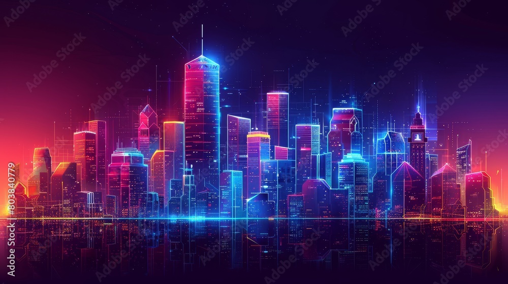 Neon glowing city of the future with skyscrapers reaching for the stars.