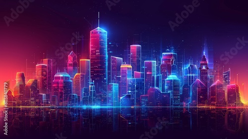 Neon glowing city of the future with skyscrapers reaching for the stars.
