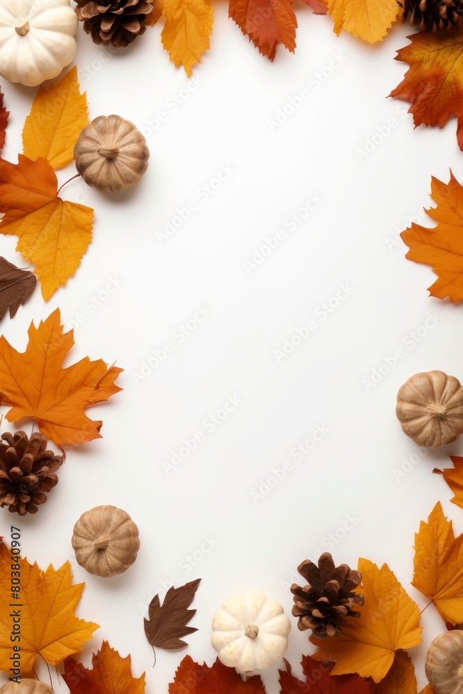 Autumn leaves and pumpkins on white wooden background with copy space