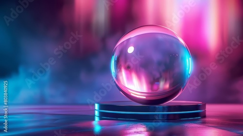 A Sci fi spherical product display rotates slowly on a podium, casting shiny surfaces in detailed, colorful Strange Bizarre sharpen blur background with copy space