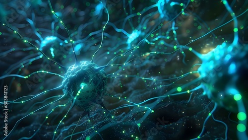 Illuminated Neuron Cells with Blue and Green Links Emphasizing Synapse Signals. Concept Synapse Signals, Neuron Cells, Blue Links, Green Links, Illuminated