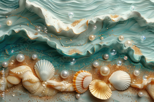 Beautiful pattern of ocean waves with shells and pearls, in the resin art style, with a light blue and gold color scheme. Created with Ai