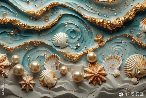 Abstract beach scene with swirling sand, pearls and shells in light blue and gold tones. Created with Ai