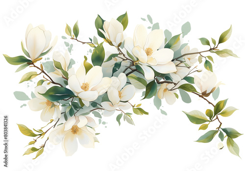 Watercolor of Tropical spring floral green leaves and flowers s isolated on transparent png background, bouquets greeting or wedding card decoration photo