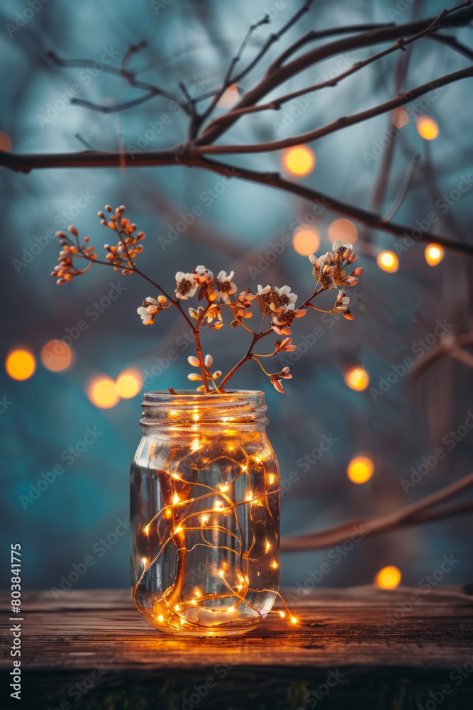 Isolated Mason jar filled with fairy lights and flowers Isolated Mason jar filled with fairy lights and flowers