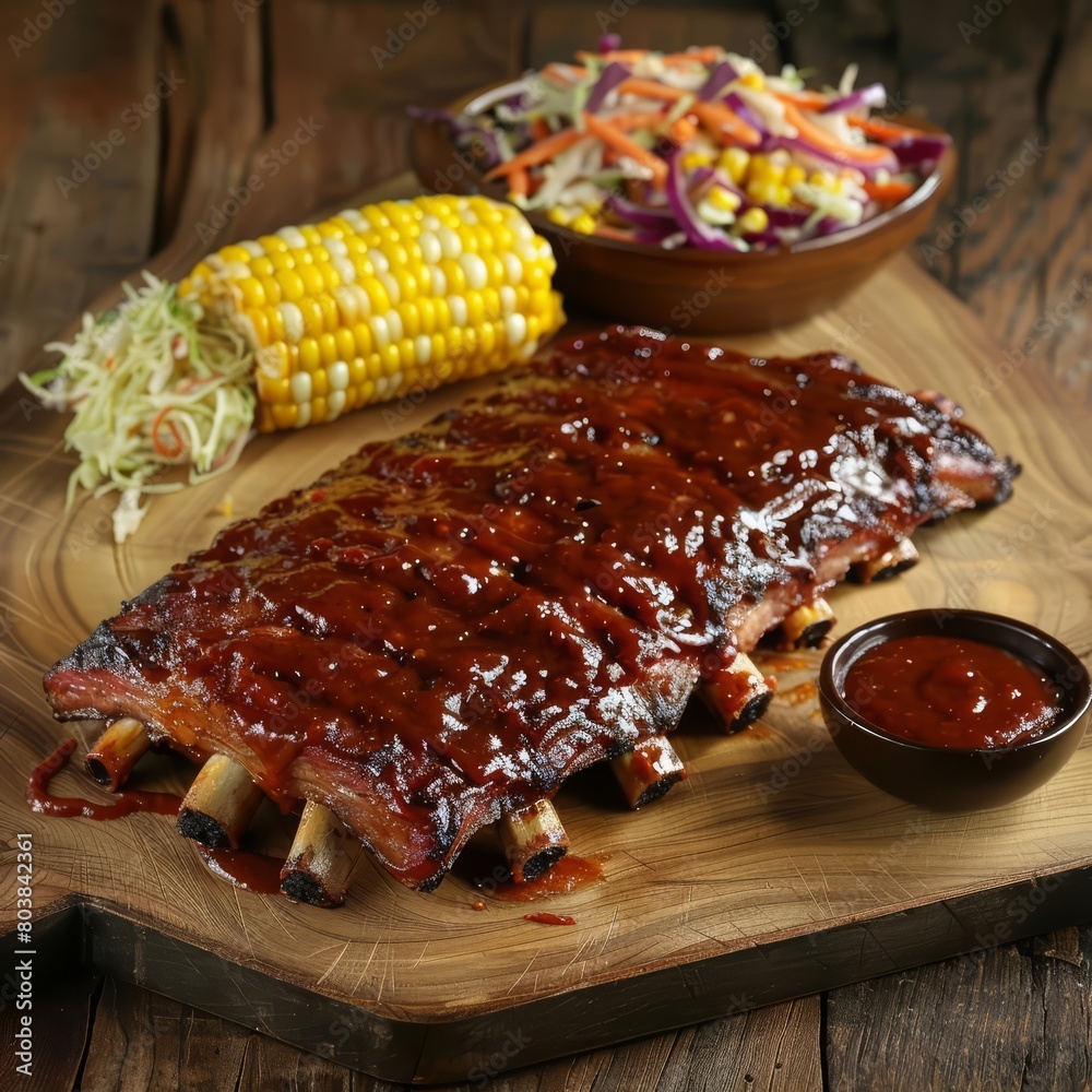 Classic American BBQ with ribs, coleslaw, and sweet corn celebrates traditional flavors, with solid background and copy space on center for advertise Classic American BBQ with ribs, coleslaw, and sweet corn celebrates traditional flavors, with solid background and copy space on center for advertise