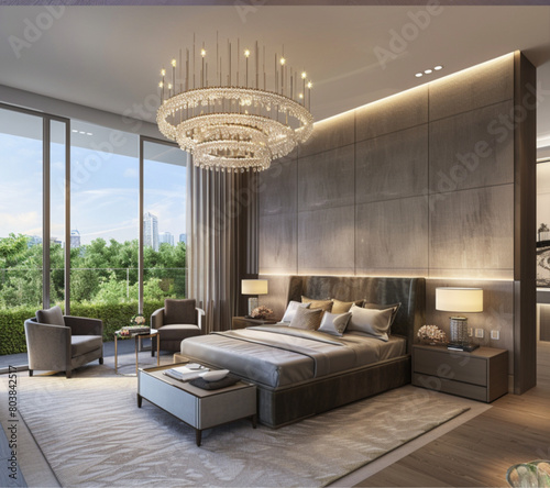 a luxurious bedroom with an elegant bed plush carpeting and soft lighting, featuring a large gray wall panel behind the headboard. The room includes modern furniture such as armchairs and coffee table