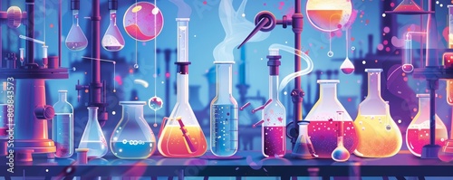 Graphic posters of a bustling science lab filled with beakers, flasks, and bubbling chemicals invite curiosity, sharpening the banner template with copy space in the center