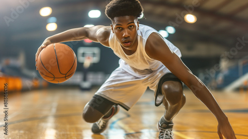 With his eyes filled with focus and determination, a young male basketball player stands poised, clutching the ball firmly in his hands photo