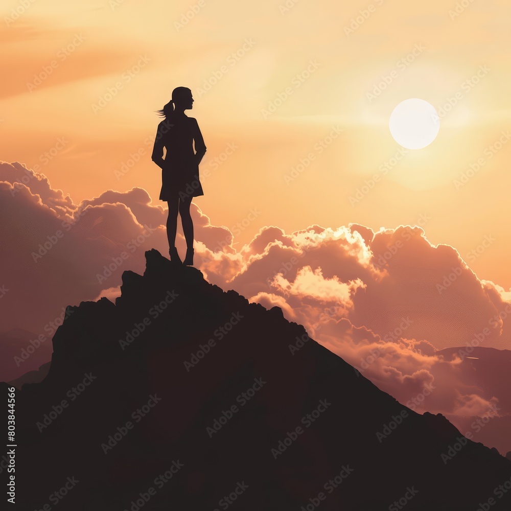 Silhouette of a businesswoman at the peak of a mountain, celebrating success, Sharpen banner template with copy space on center