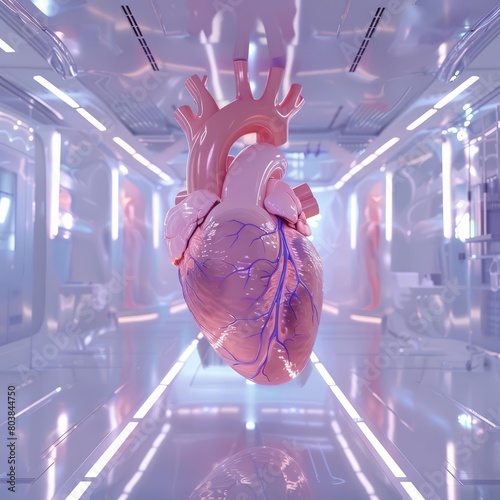 3D rendering of human heart in a futuristic room visualizes the next generation of cardiological care, sharpening banner template with copy space on center photo