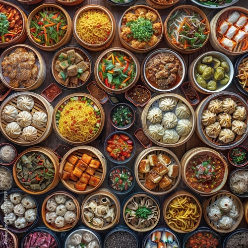 A colorful array of Asian street food, from steamed dumplings to spicy noodles, creates a stunning visual display, with solid background and copy space on center for advertise