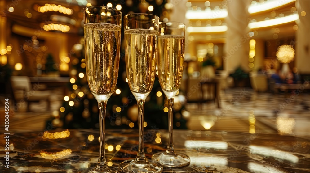Celebratory champagne glasses on festive background with sparkling lights Celebratory champagne glasses on festive background with sparkling lights