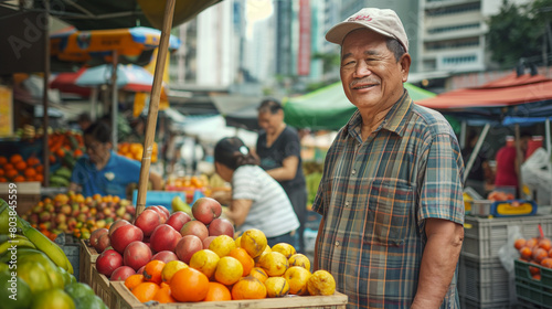 Fototapeta Naklejka Na Ścianę i Meble -  the hustle and bustle of a city street corner, a cheerful street vendor pours his heart into serving customers at his small farm market stand