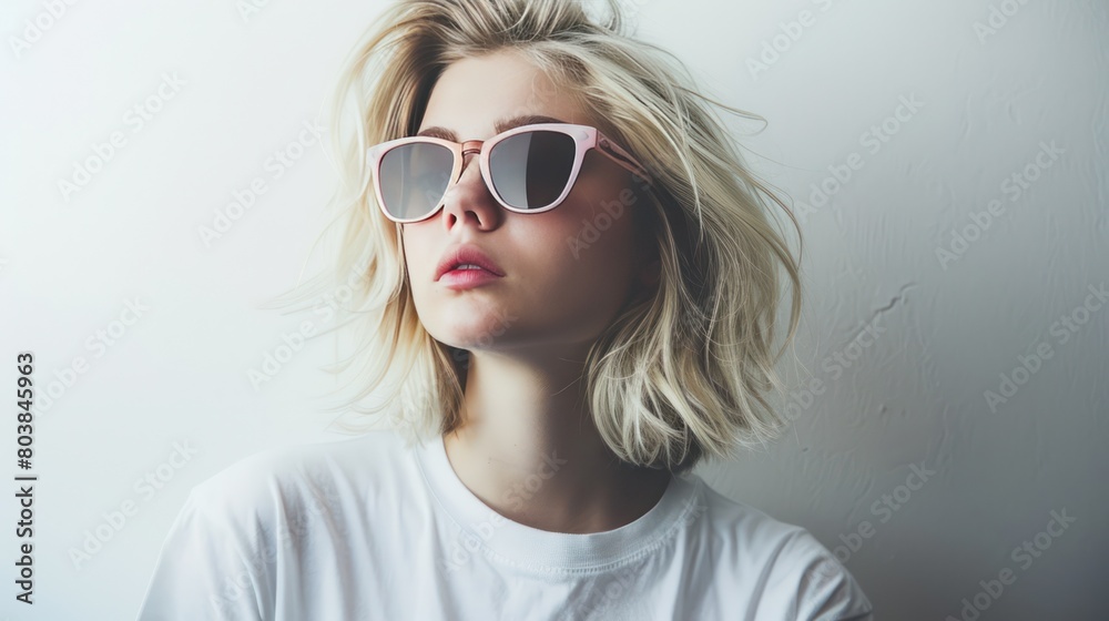 Attractive young blonde woman shows confidence in a blank t-shirt and stylish sunglasses on a pristine white background.