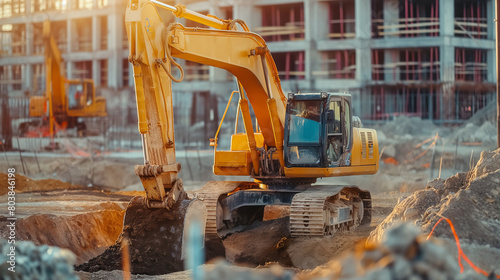  a construction site, an excavator operator showcases expertise, maneuvering the machine with finesse and precision, digging and moving earth with effortless skill photo