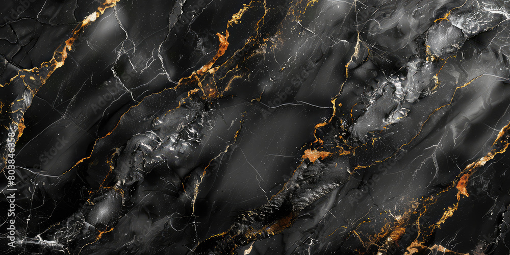 A highresolution texture of black marble with golden veins, creating an elegant and luxurious background for design projects. The dark hues add depth to the surface. Created with AI