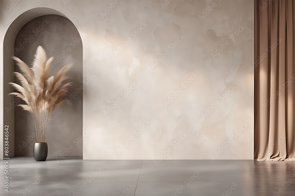 Light beige living room - modern interior hall and furniture design. Mockup for art - ivory taupe empty texture plaster microcement wall. Luxury premium nude accent lounge reception. 3d render
