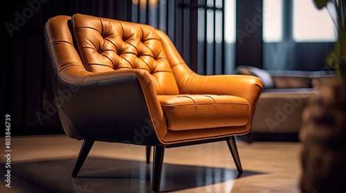 A black chair with brown leather is in a room photo