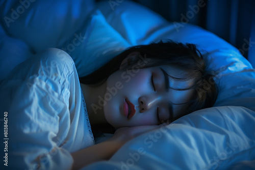 apanese woman sleeping in bed, closeup of her face with a calm expression, blue pillow and white duvet cover, soft lighting from the side in a dark room background, high resolution