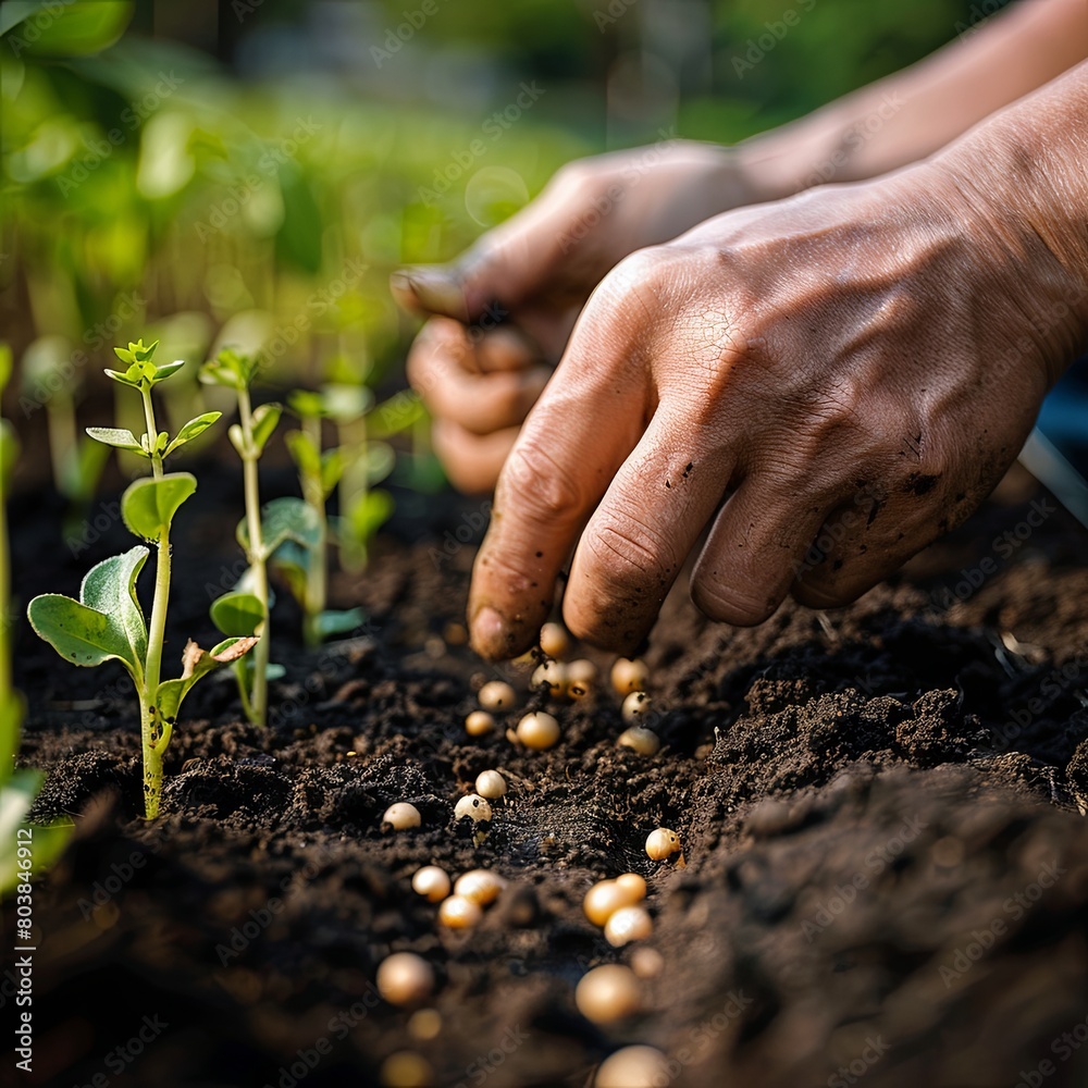 Gardener planting seeds in fertile soil outdoors