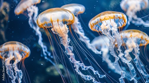 Ethereal jellyfish drifting in deep blue ocean waters photo