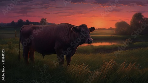 peaceful cow in a field at sunset