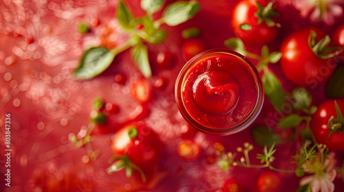 Fresh tomato juice with basil on vibrant red background © volga